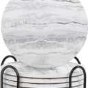 Acejoz Drink Coasters with Holder for Coffee Table, Absorbent Coaster Set of 6, Marble Style Ceramic Coaster for Wooden Table, Suitable for Kinds of Cups, Home Decor, 4 Inches