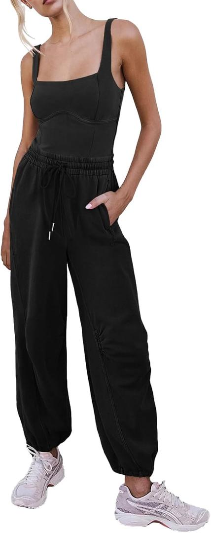 Outfeel Women's Sleeveless Summer Jumpsuit Square Neck Drawstring Waist Long Romper Jumpers 2026 with Pockets Black Large 