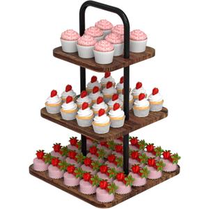 VyGrow Cupcake Stand, 3-Tier Dessert Stand for 32 Cupcakes, Wood & Metal Tower Display Premium Holder Dessert Tree Tower for Christmas Birthday Weddings Party Decor, Serving Tray, Wood Brown