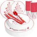 Supernal 150pcs Christmas Plastic Dinnerware Include Red Plastic Plates, Disposalbe Cups,Christmas Party Supplies,Red Plastic Silverware for Christmas Party and New Year