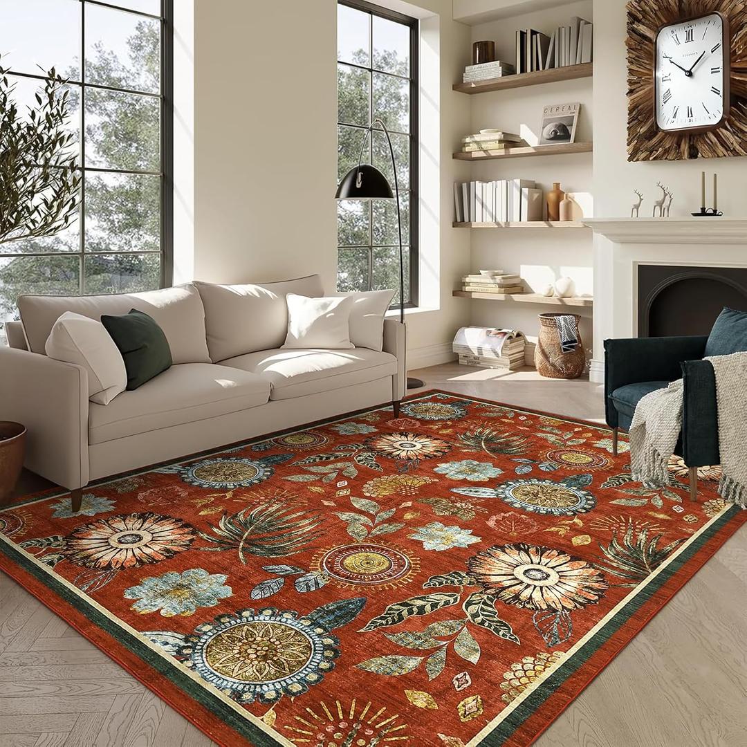 GarveeHome 9x12 Floral Washable Area Rug: Large Living Room Area Rug with Non-Slip Backing Washable Ultra Soft Bedroom Floral Carpet Indoor Stain Resistant Carpet for Dining Room 9 * 12 ft Brick Red
