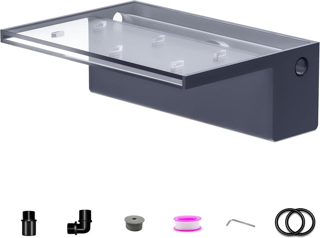 Pool Fountain, LONGRUNNEW Transparent Acrylic Pool Waterfall Spillway with Pipe Connector Kits for Indoor/Outdoor Decorative, 11.8 Inches Pool Water Feature for Garden Patio, Backyard Koi Pond Decor (12 INCH-Wider)
