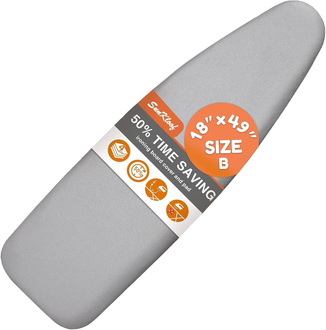 Ironing Board Cover and Pad 18"x49" Extra Wide Natural Cotton, Scorch and Stain Resistant Silicone, 6mm Thick Padding Iron Board Cover with Fasteners Heavy Duty Elastic Edge, Heatproof