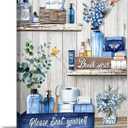 WANGTIAO Navy Blue Shelf Pattern Bathroom Canvas Wall Art Rustic Grey Wood Grain Wall Paintings Please Seat Yourself Sign Prints Pictures Vintage Aesthetic Bathroom Poster Artwork Home Decor 12"x16"