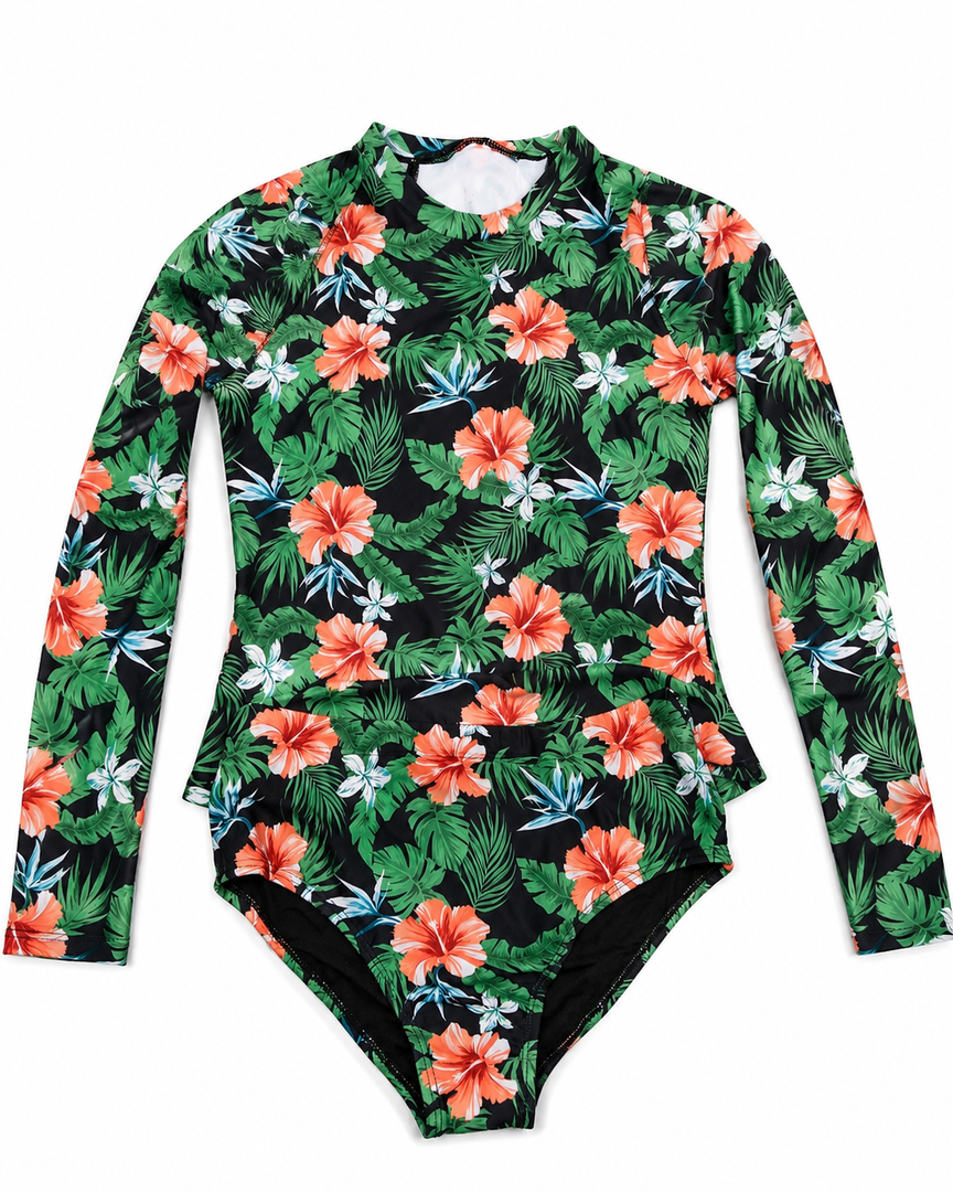 blibean Girls Rash Guard Swimsuit Long Sleeve Two Piece Tween Bathing Suits for Teens Big Kids Cute Ruffle Swimwear Junior Floral Tankini Sets Traje Baño Niñas Size 12-13 Year Old Black