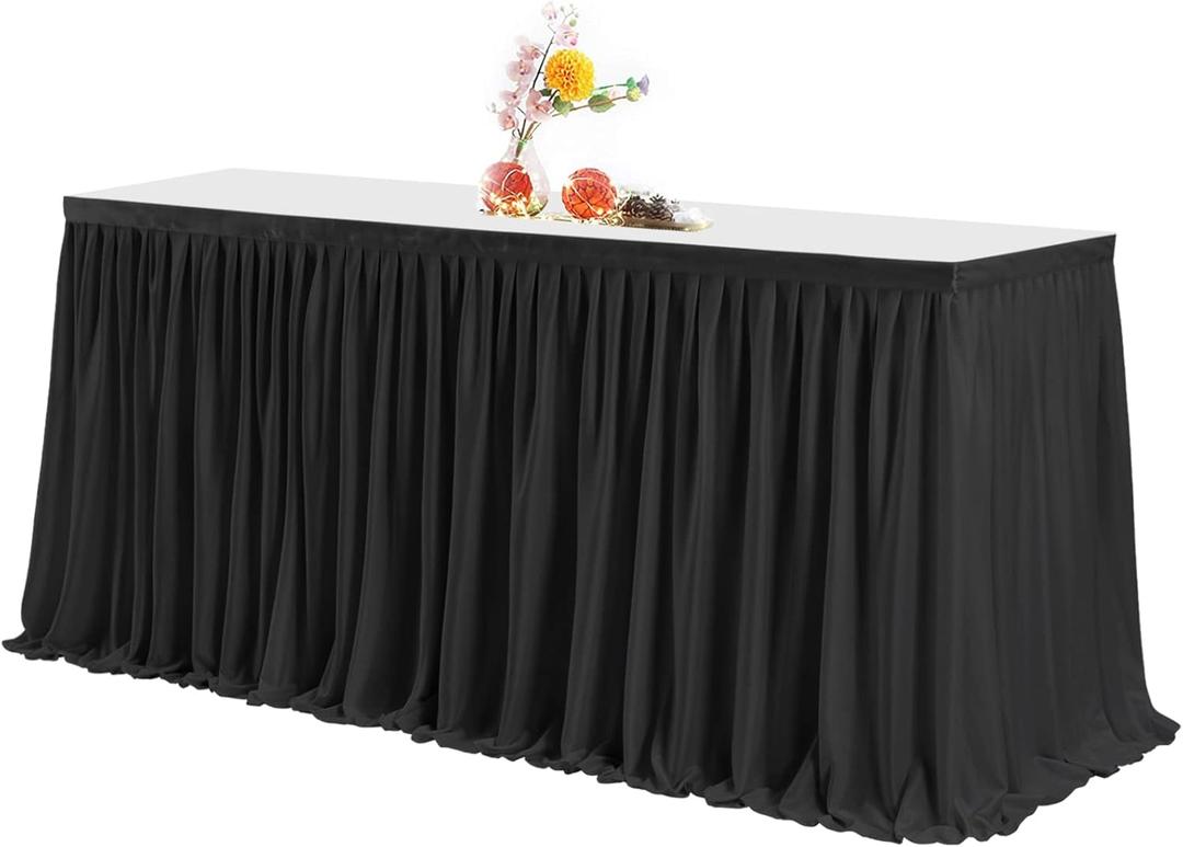 PARTISKY Black Polyester Rectangle Table Skirt, 6ft x 72in, Wrinkle Resistant, Pleated Ruffle, Perfect for Banquet, Wedding, Trade Show, Dining Table
