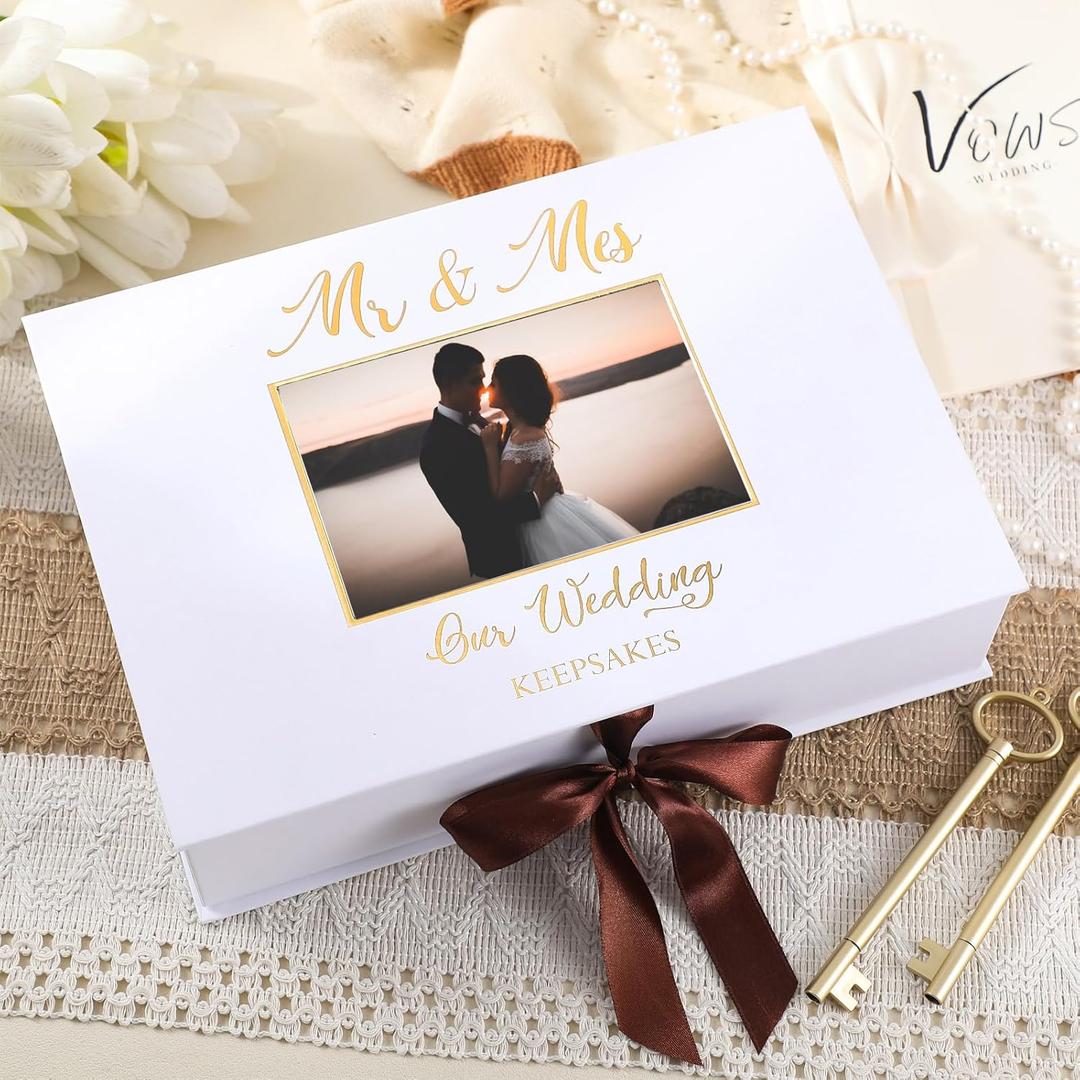 Weysat 12x9 Inches Gold Stamping Font Wedding Keepsake Box Cover with Photo Frame, White Wedding Memory Box with Ribbon for Couples Newlyweds Bridal Shower Gifts