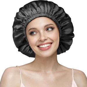 YFONG Double Layered 100% Silk Bonnet for Women, 22 Momme Pure Mulberry Silk Sleep Cap with Adjustable Elastic Band Stay On HeadReduce Frizz, Keep Hairstyle, Soft & Breathable, Black, M