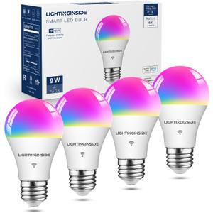 Lightinginside Smart Light Bulbs 60W Equivalent, WiFi Smart Bulb Compatible with Alexa/Google Assistant/Smart Life, A19 E26 RGBCW Color Changing, No Hub Required,2.4G WiFi, ETL Listed, 9W 800LM, 4PCS