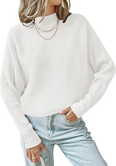 ZESICA Women's Fall 2026 Turtleneck Batwing Long Sleeve Ribbed Knit Casual Soft Pullover Sweater Jumper Top (White) Small
