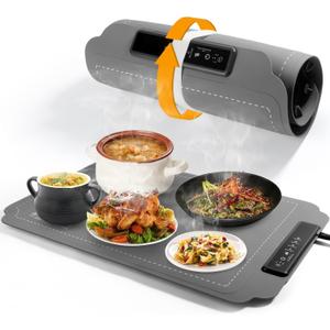 Food Warming Mat, Electric Food Warming Mat with 4 Temp Settings & 6H Timer, Portable & Rollable, Fast Full Surface Electric Warming Tray with Child Lock for Party and Daily Use (Grey) (Gray)