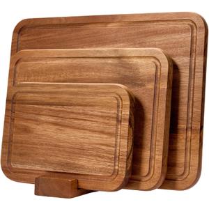 Acacia Wood Cutting Board Set with Holder, Wooden Cutting Boards for Kitchen, Reversible Chopping Boards for Meat, Vegetables, Cheese, Set of 3