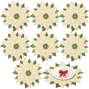 Preboun Green Christmas Poinsettia Placemats Set of 8 Christmas Embroidered Placemats 16 x 16 Round Double Layer Applique Flower Place Mat for Xmas Table Home Dining Holiday