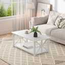 GreenForest Coffee Table for Living Room with Round Corners Farmhouse Style Center Table with Storage Shelf 39 Inch Space Saving Easy Assembly Full White