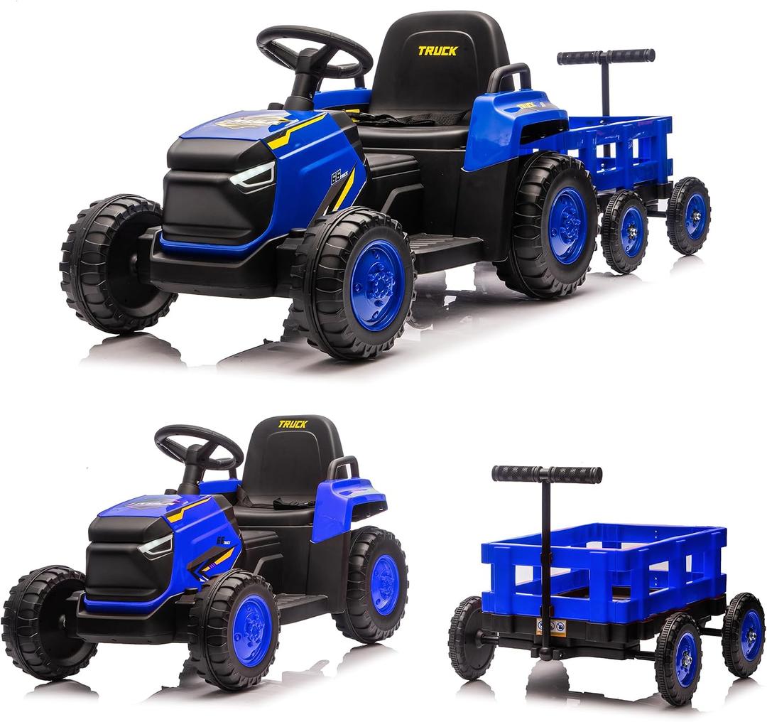 Garvee Toddlers Ride on Tractor with Detachable Garden Cart, 12V Electric Kids’ Vehicle with Trailer, Ages 3–8, Max Load 66 Lbs, Up to 2.5 Mph, Battery-Powered 8-Wheel, Remote Control, Garden Game