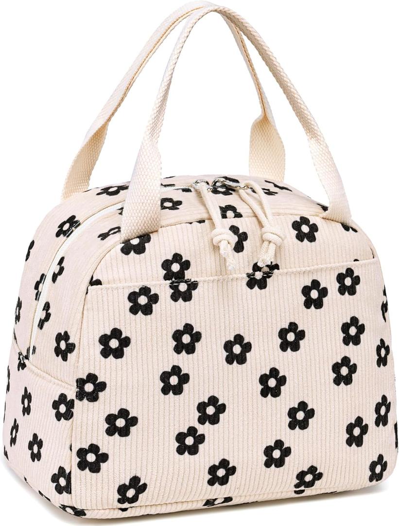 LEDAOU Lunch Box for Women Insulated Lunch Bag Corduroy Lunch Tote Bags Leakproof Cooler Lunchbox for Travel Work Picnic (Corduroy Black Flower)