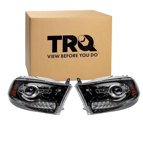 TRQ Driver and Passenger Side Headlight Assembly 2 Piece Set Compatible with 2013-2018 Ram 1500 Sport with Black Bezel & Projector Headlights