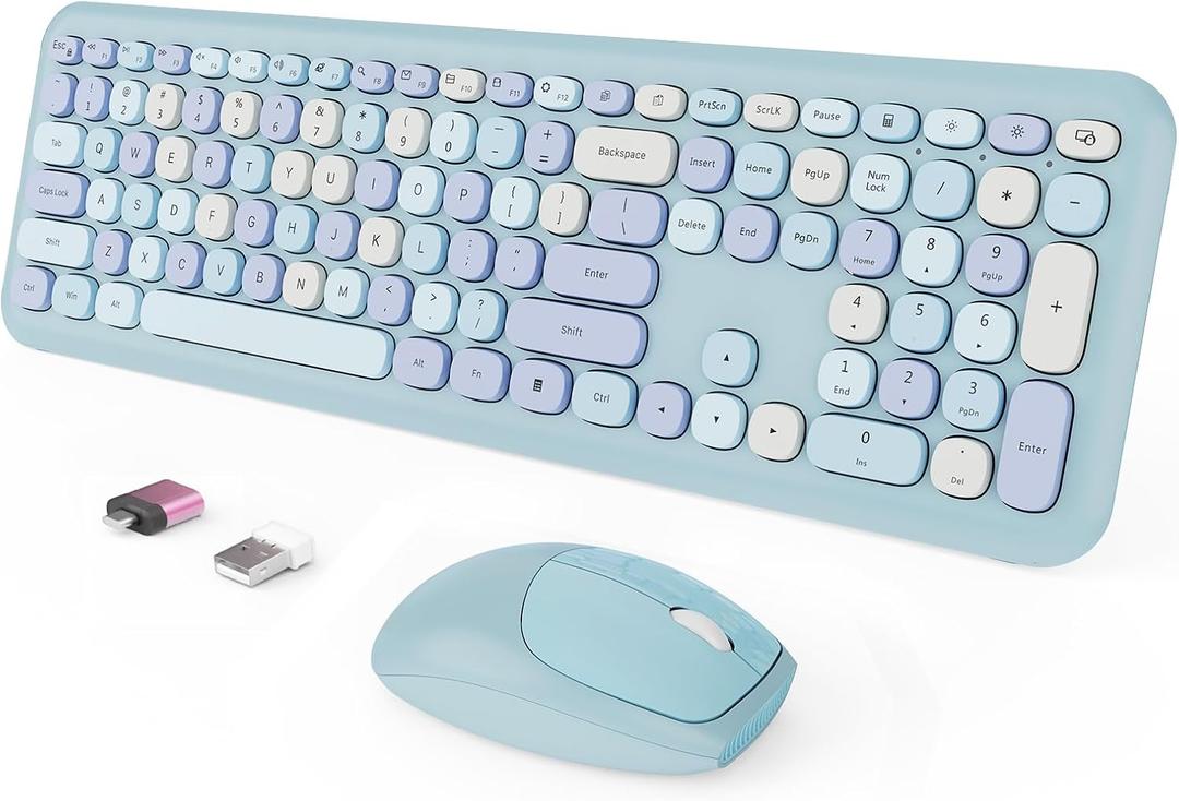 Wireless Keyboard and Mouse Combo, Colorful Ergonomic Full Size Retro Low-Noise Keyboard with Cute keycaps, Compatible with Windows, PC, Perfer for Home and Office Keyboards (Blue)