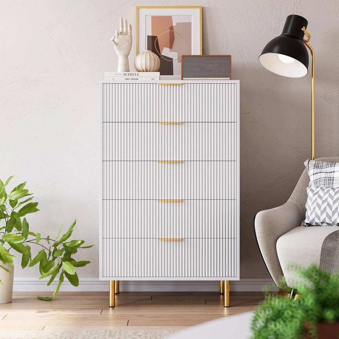 Garvee Fluted Dresser with 5 Drawers, 48" Tall Modern Chest of Drawers with Curved Profile Design, Wood Drawer Organizer