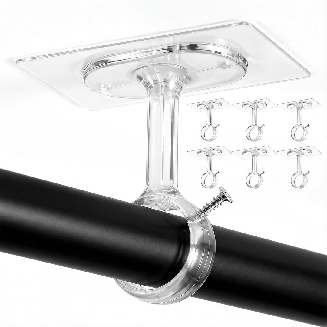 6 Pack Ceiling Hooks for Hanging, No Drill Curtain Rod Brackets Curtain Rod Hook No Drill Drop Ceiling Hook Adjustable Curtains Rods Hooks 1.2'' Dia Poles for Living Room, Bathroom, Kitchen