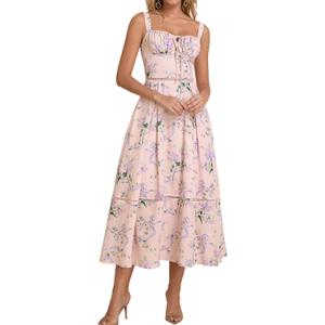 KUTUMAI Floral Corset Midi Dress Lace Up Cutout Flowy Summer Wedding Guest Dresses for Women Sundress with Pockets (Pink, L)