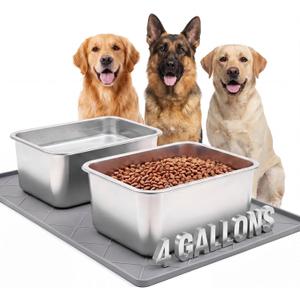 4 Gallon Extra Large Dog Water Bowl, 2 Pack Thickened Stainless Steel Dog Water and Food Bowls with Non Slip Mat, Spill Proof Metal Pet Bowl Set for X-Large Multiple Dogs Indoor Outdoor Use