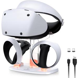 NexiGo Controller Charging Station for PSVR2, Dual Fast Charger Dock with LED Light [On/Off], Headset Display Stand and Controller Mount, Magnetic Connector, USB to Type-C Cable, White