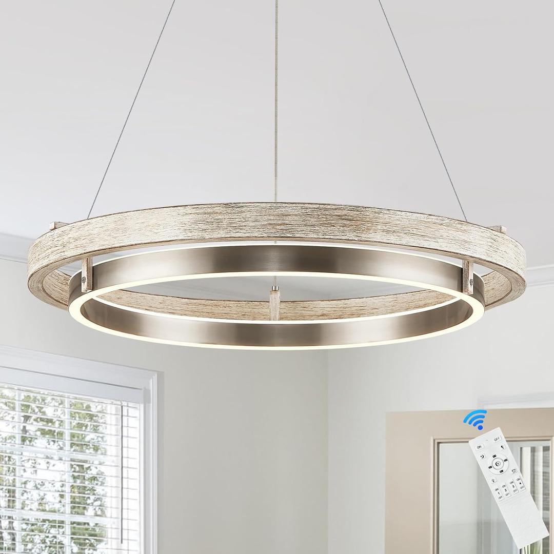 LED 2 Ring Chandelier Dimmable Up Down Light Nickel Chandelier Round Foyer Chandeliers Light Weathered Wood Circular Chandeliers for Dining Room Entry Bedroom Office Living Room
