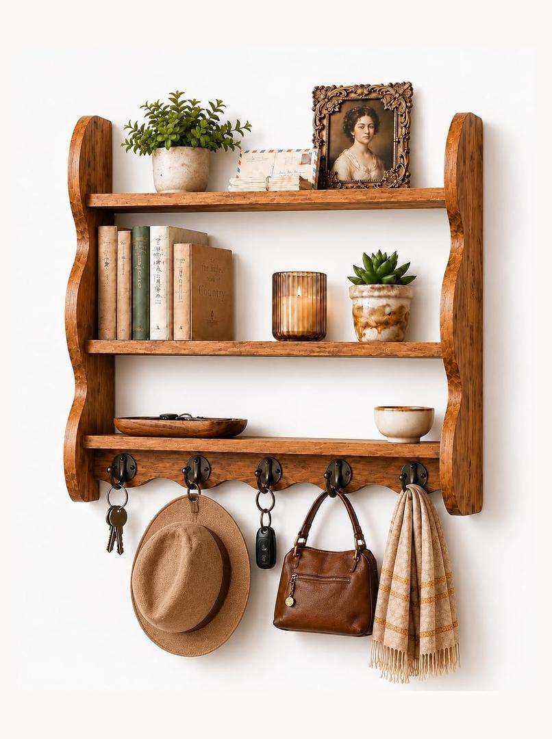 3 Tier 100% Solid Wood Wall Shelf with 5 Hooks, Vintage Wooden Shelf, Rustic Scalloped Edge Floating Shelf for Wall Decor and Storage, Farmhouse Display Shelf for Kitchen, Bathroom, Bedroom, 17.3 x 5.1 x 18.9 inches