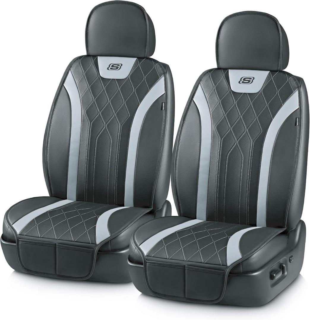 Skechers MAX Cushioning Car Seat Covers,Memory Foam Leather Car Seat Protectors, Airbag Safe Waterproof Sideless Front Seat Covers with Storage Pocket,Universal Fit for Cars Trucks SUV, Gray 2PCS