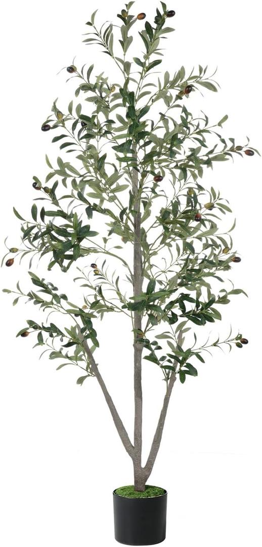 Olive Trees Artificial Indoor, 5FT Tall Faux Olive Tree with Moss and Planter, Artificial Plants Indoor with Natural Wood Trunk and Lifelike Fruits, Fake Tree for Home Office Living Room Decor