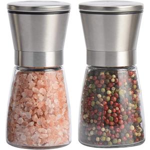 Salt and Pepper Grinder Set of 2, Premium Stainless Steel Spice Mill with Adjustable Coarseness, Ceramic Blades, Refillable Glass Body with 60Z capacity