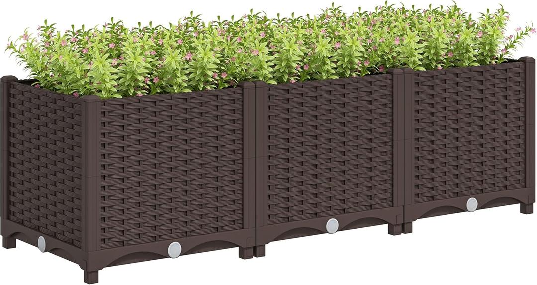 Outsunny 4 x 1 x 1 ft Raised Garden Bed, Indoor Outdoor Plastic Planter Box with Drainage Holes, Drain Plugs and Water Reservoirs for Vegetables, Herbs, Flowers & Succulents, Brown