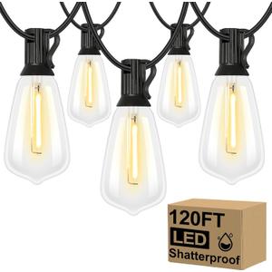 Brightever 120FT Outdoor String Lights Waterproof, 2700K Bright LED Patio Lights with 62 ST38 Shatterproof Vintage Bulbs, Retro Connectable Edison String Lights for Outside, Garden, Balcony, Porch (120FT-Warm White, Black Wire)