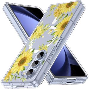 Magnetic for Galaxy Z Fold 5 Case,Clear Flowers Design Cover,Slim Anti-Yellow Hard PC Protective Soft TPU Bumper Shockproof Cute Case for Samsung Galaxy Z Fold 5,Sunflower(10-100)