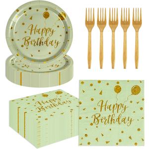75PCS Happy Birthday Paper Plates&Nakpins,Sagegreen and Gold Disposable Dinnerware 7"Dessert Plates 6.5" Napkins Plastic Forks Tableware Party Supplies for Birthday Wedding Baby Shower Decor Serve 25