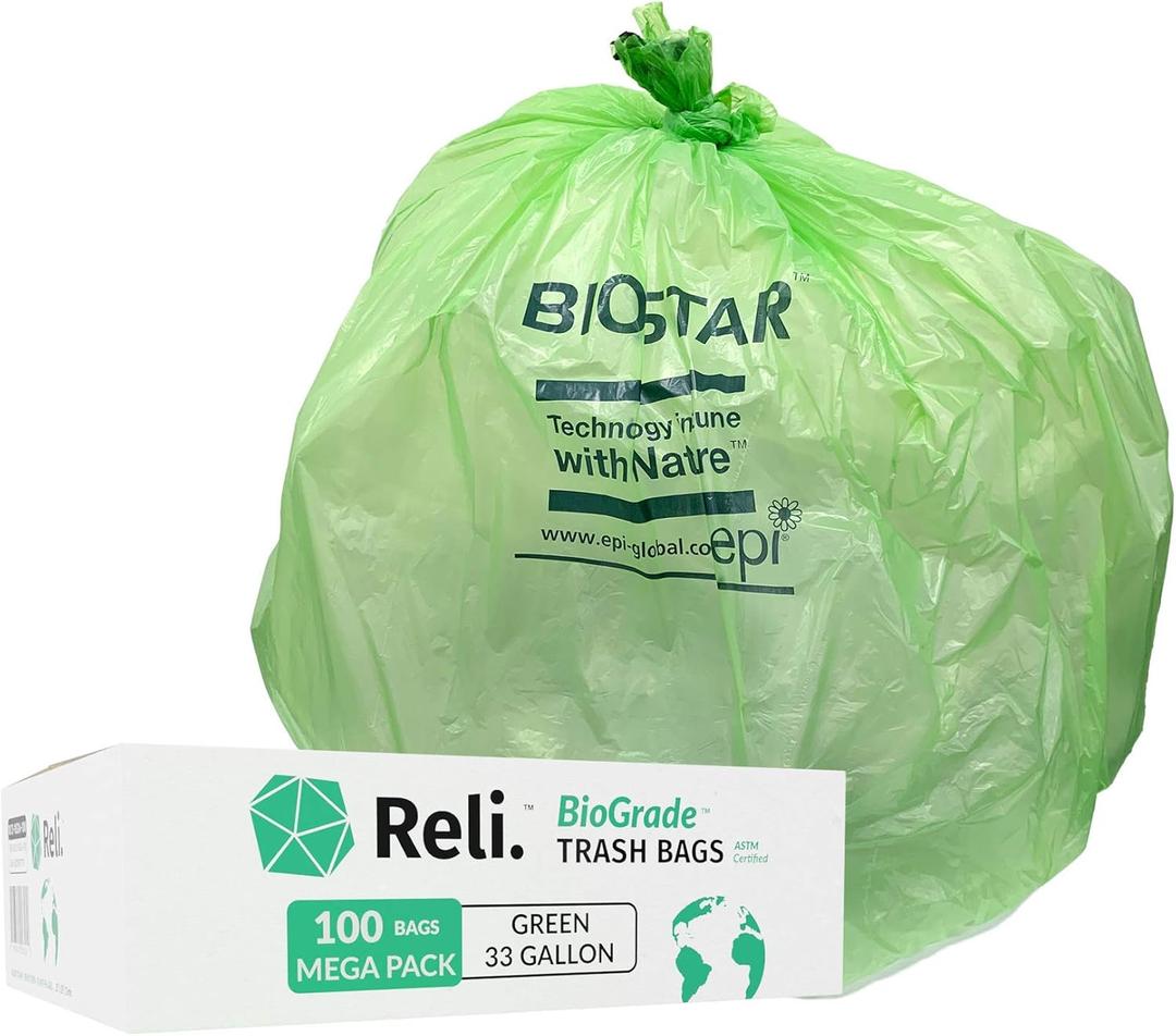 Reli. Biodegradable 33 Gallon Trash Bags, 100 Count, Green Eco Friendly, Degradable Under Certain Conditions, Custom-Fit for Compactor