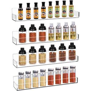 Clear Acrylic Spice Rack Wall Mounted 15 inch Floating Shelf with Removable End Guards for Kitchen Cabinet Door Cupboard Bathroom Holds Jars Nail Polish Books Toiletries (4 PCS)