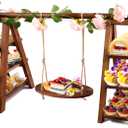 3 Tier Wooden Cupcake Stand with Swing and Flower Decoration, Large Dessert Stands with Serving Tray, Removable Trays, Foldable Ladder Food Display Set for Cake Snack Fruit Chips Bread Centerpieces