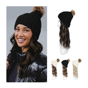 HOOJIH Knitted Beanie Wig, Hat Hair Extension Long Wavy Curly Black Hat Wig with Faux Fur Pom Attached 12 Inch Synthetic Hairpiece for Women Girls Winter - Black Brown with Highlights