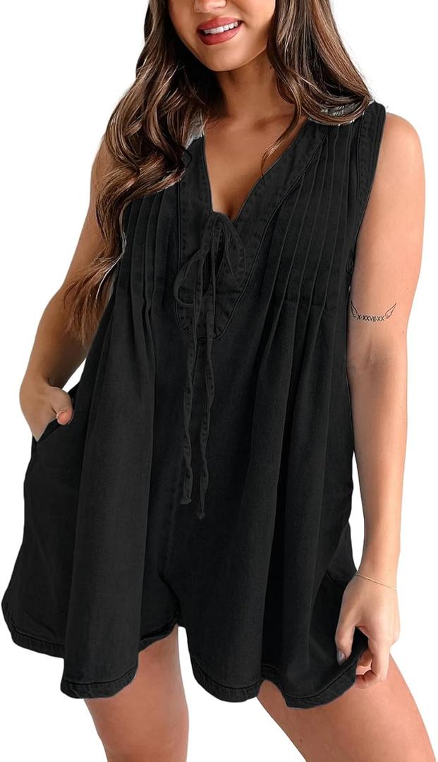 Perbai Women's Casual Summer Jean Romper V Neck Sleeveless Tie Front Denim Romper Overall Shorts with Pockets (Large, Black)