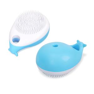 Blue Whale-Shape Dog Bath Brush with Shampoo Dispenser Dog Washing Brush Deshedding Comb with Massage Pin Pet Grooming Tool for Dogs and Cats Remove Loose Hair Knots Gentle Deep Cleansing