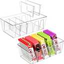 Puricon 2 Pack Pantry Organization and Storage Bins for Kitchen Fridge Countertop Cabinet, Stackable Clear Plastic Storage Racks with Removable Dividers, 5 Compartments for Snacks Packets Spices