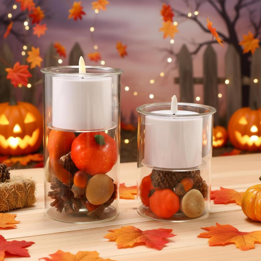 Domensi 2 Pcs Fall Glass Candle Holders with Flameless Candles Festive Votive LED Pillar Wax Battery Operated Flickering Light Candlesticks with Pumpkin Pine Cone for Fall Autumn Thanksgiving Decor
