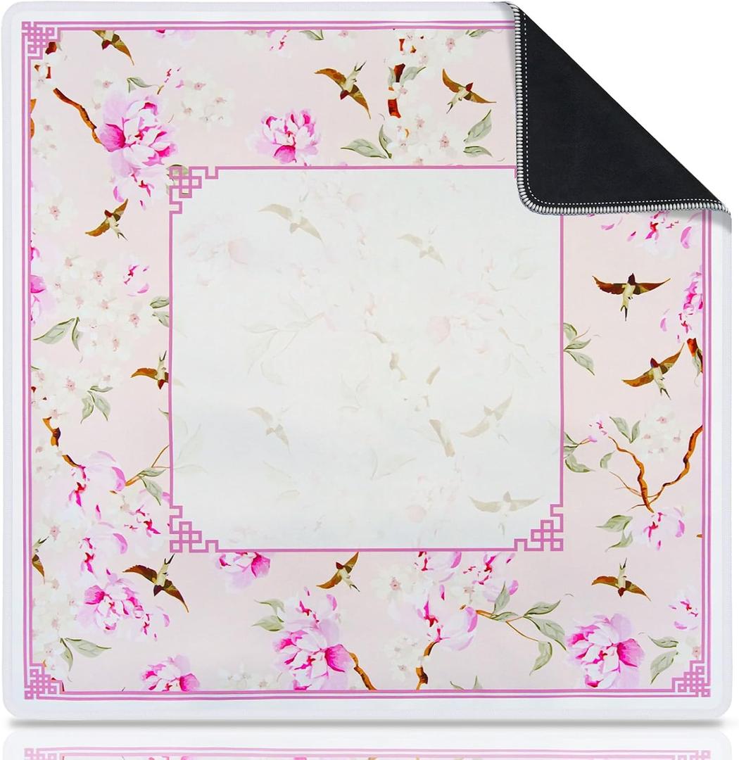 Neoprene Mahjong Mat for Table, Non-Slip, Durable, and Quiet Table Cover, Pretty Travel Mahjong Mat Pink with Floral and Bird Pattern, Perfect for Mahjong, Poker, Home Tea Rooms, Clubs