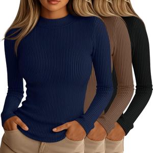 Riyiper 3 Pack Women's Ribbed Shirts, Mock Turtleneck Long Sleeve Tops Slim Fitted Undershirts Casual Basic Layering Tees (Medium, Black, Dark Blue, Brown)