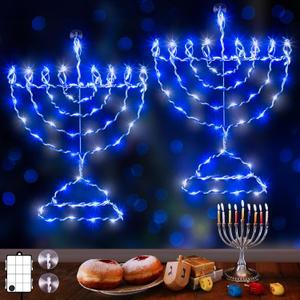 Meonum 2 Pack Hanukkah Decorations Window Lights, 8 Modes Blue White Chanukah LED Silhouette Lights Battery Operated with Timer for Jews Judaism Synagogue Passover Hanukkah Party Decor(Menorah)