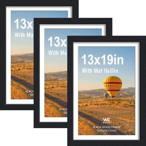 13x19 Picture Frame 3 Pack, Black Wood, Tempered Glass, 11x17 Mat