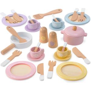 30 PCS Wooden Toy Plates and Dishes for Kids, Play Kitchen Accessories Set, Pretend Play Food Sets for Children Kitchen, Montessori Toys for Girls and Boys