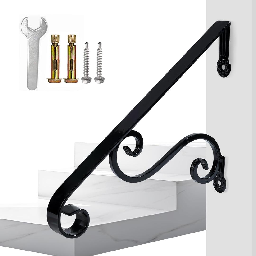 Yahpetes Handrail 1-2 Steps Porch Handrail Wrought Iron Handrail Grab Rail Single Post Railing 22.8"X 14" Black Stair Railing Bracket Metal Art Handrail for Outdoor Step